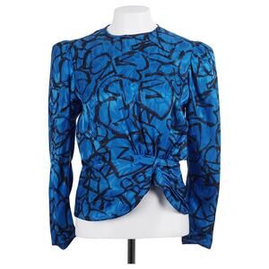 ADRIANNA PAPELL Vtg Blouse 8P Blue Black Abstract Print Puff Sleeve Back Buttons
